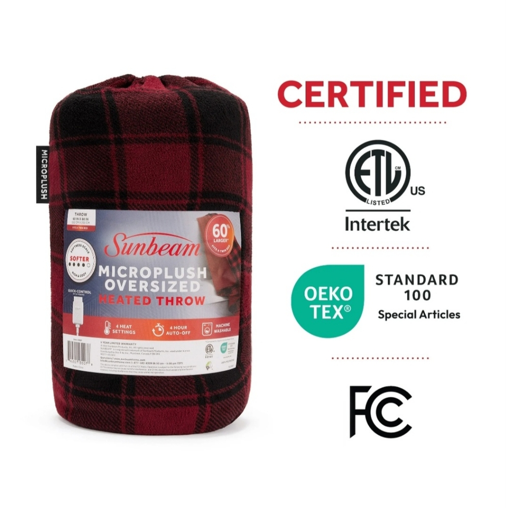 Sunbeam Microplush Sherpa Heated Throw with Storage Bag, Red Plaid - Picture 14 of 14